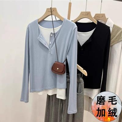 Milk Blue Plus Velvet Fake Two-piece Long-sleeved Bottoming Shirt for Women In Autumn and Winter with Brushed Inner, Slimming and Chic T-shirt Top