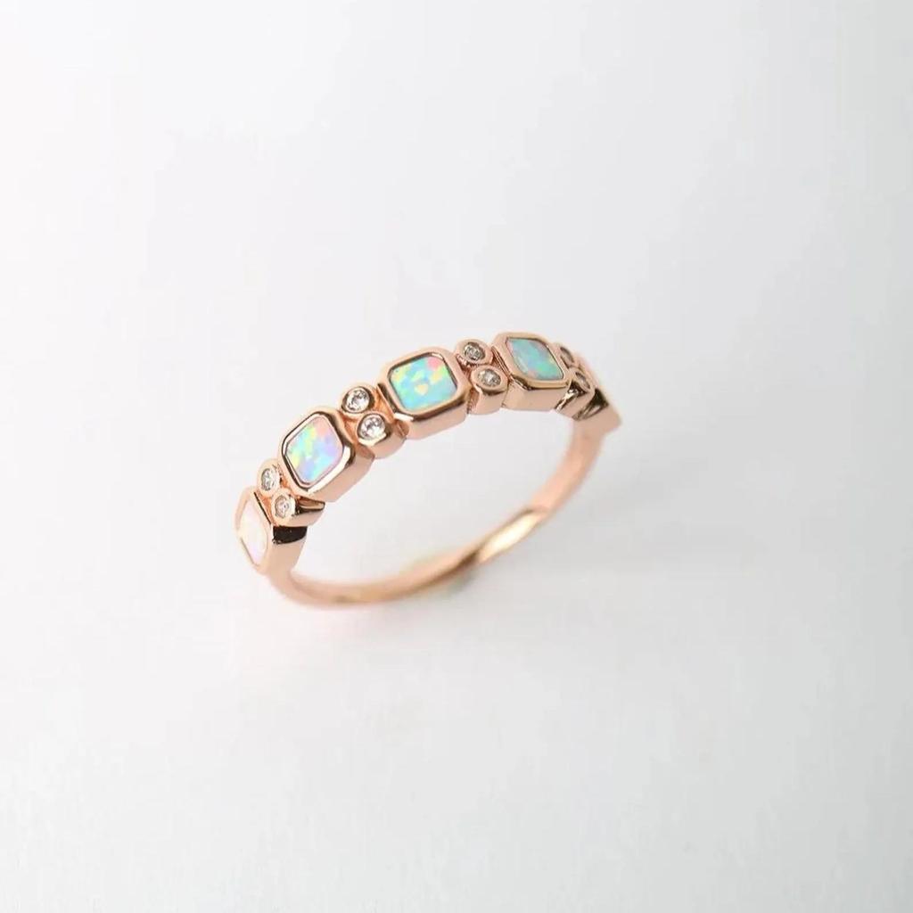 Princess Cut White Opal Ring: Rose Gold Plated Round Cubic Zirconia Wedding Band: Art Deco Bridal Jewelry Gift for Her