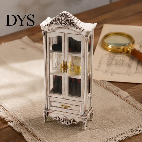Doll Mansion Interior Accessories Miniature Curio Cabinet, 1/12 Scale Mini Wine Wooden Tiny Display Cabinet with Drawer, Vintage Furniture for Living