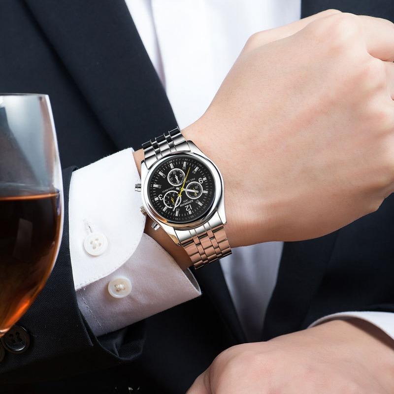 KINGNUOS Ultra Slim 3-Augen-6-Zeiger-Stahlarmband, wasserdichte Stahlarmbanduhr, blaue Glasuhr