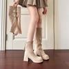 Fashion Non-Knee High Boots Women's Fashion Round Toe Platform Metal Buckle Suede Non-Slip Wear-Resistant Block Heel Single Boots