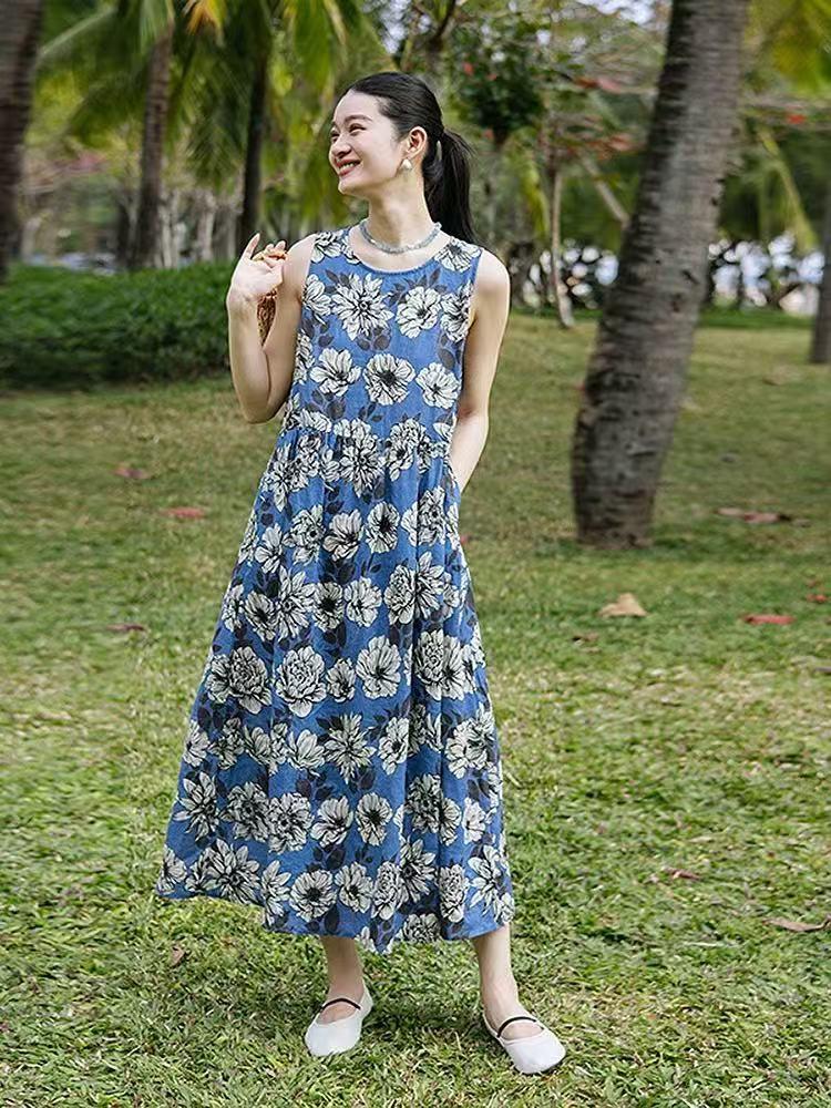 

2025 лето новое платье из хлопка и льна с ретро-принтом, женское платье с круглым вырезом без рукавов, средней и длинной юбкой-жилетом 2XL