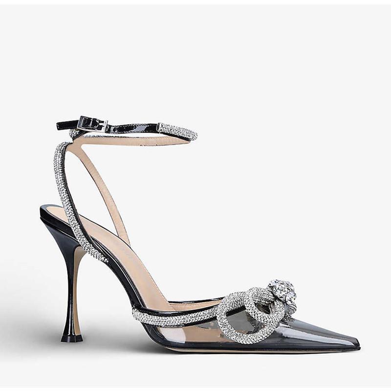 Runway-Stil Glitzer Strass Damen Pumps Kristall Schleife Satin Sommer Damenschuhe Echtes Leder High Heels Party Prom Schuhe