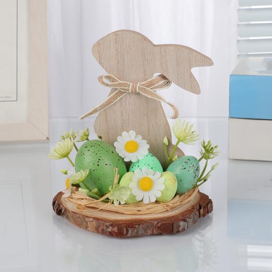 Wooden Easter Bunny Decoration Farmhouse Rustic Artificial Flower Colorful Egg Rabbit Table Sign Desktop Ornament
