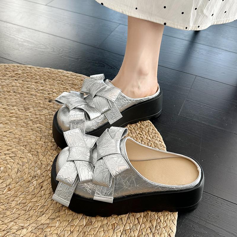 Fashion Summer Butterfly Knot Head Slippers Women Fashion Round Head Deep Mouth Waterproof Platform Non-slip Mid-heels