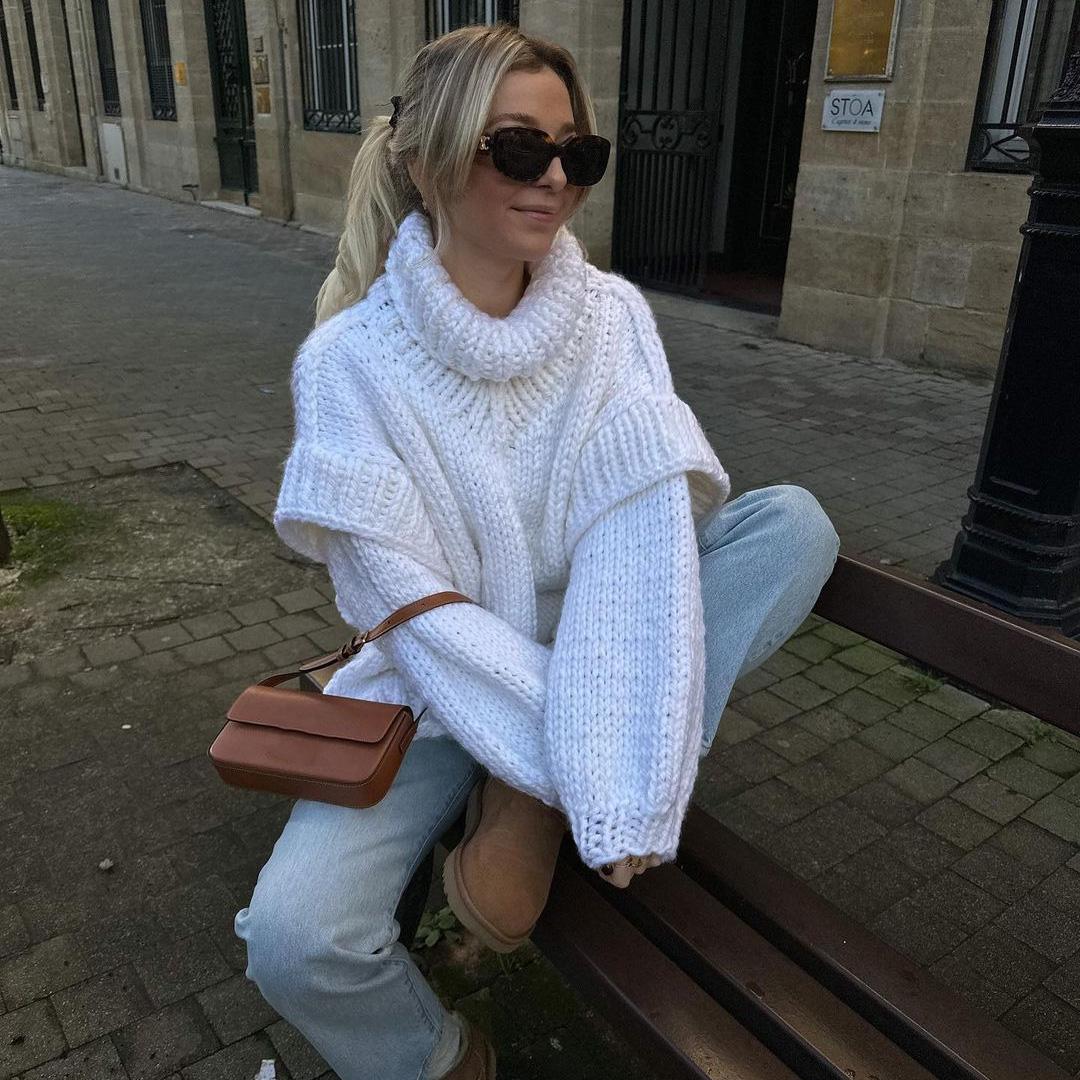 Осень-зима Винтажный свободный топ с длинными рукавами Однотонный пуловер Трикотажная одежда Свитер с воротником-стойкой S белый