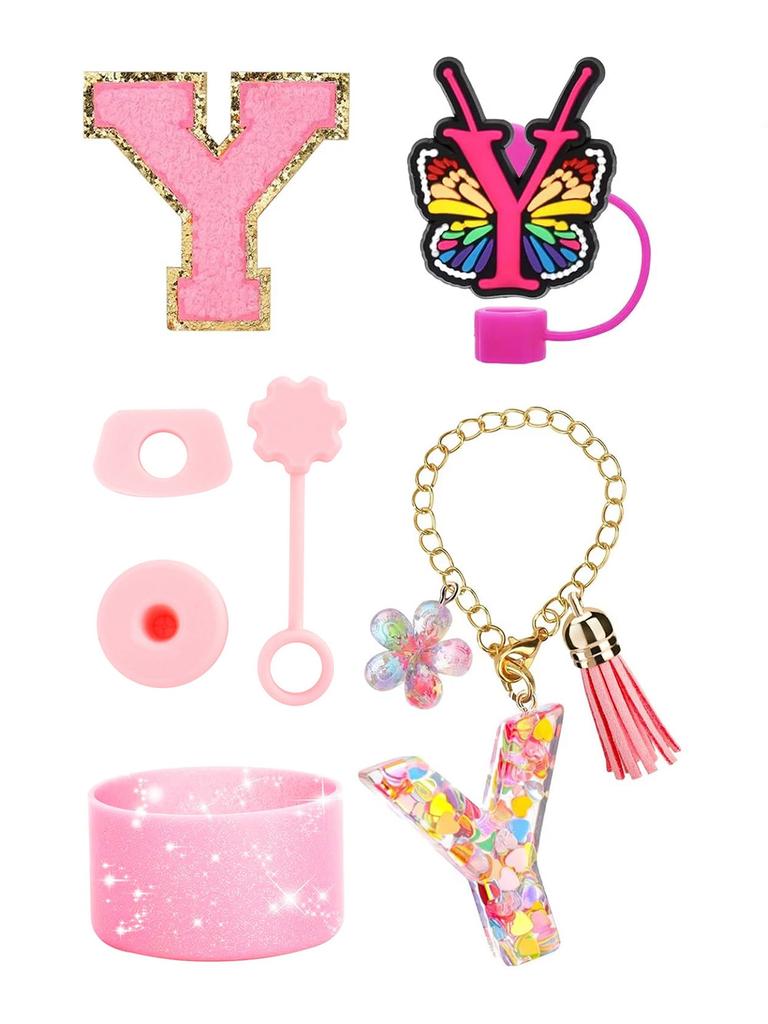 7PCS Cup Accessories Set for Stanley 30oz 40oz Tumbler Initials Silicone Straw Cover Cap Boot Letter Handle Charm Sticker