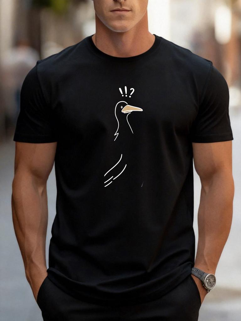 Unisex White Tee Minimal Line Drawing Surprised Duck With Exclamation Question Mark Crew Neck Loose Male Short Sleeve Tops