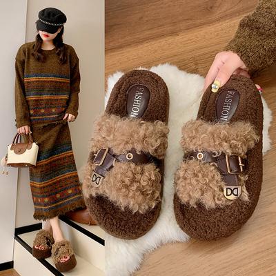 2025 New Lamb Wool Shoes Curly Hair Wear Sandals Holder One-word Slippers Flat Shoes Velvet Cotton Mop