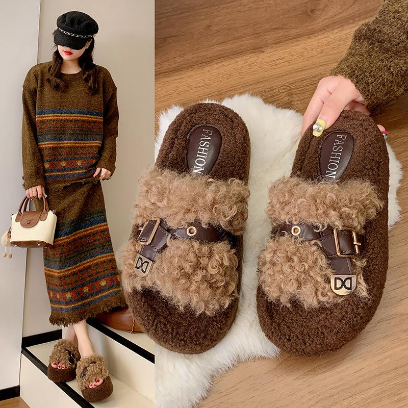 Korean Version 2025 Autumn and Winter New Mao Mao Shoes Curly Hair Outer Wear One-word Slippers Platform Shoes Velvet Cotton Slippers Women