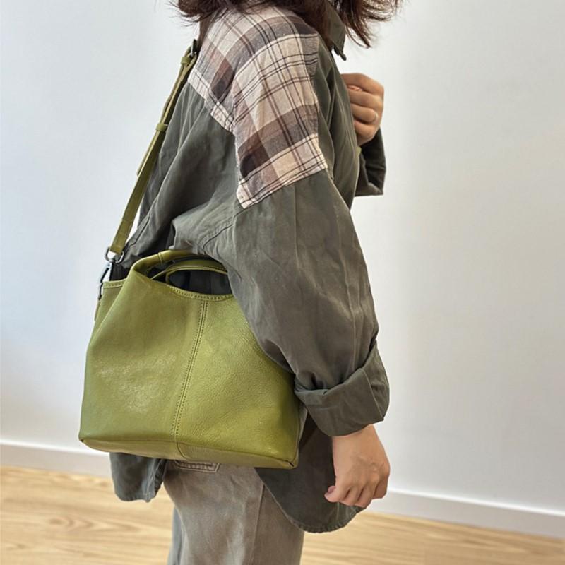 Johnature Geantă de damă din piele naturală, geantă de mână retro, piele de vacă moale, simplă, versatilă, capacitate mare, geantă de umăr