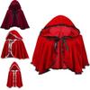 Elegante Mantello con Cappuccio in Velluto Rosso per Donna con Pizzo Arricciato e Bordi a Volant per Tutte le Stagioni