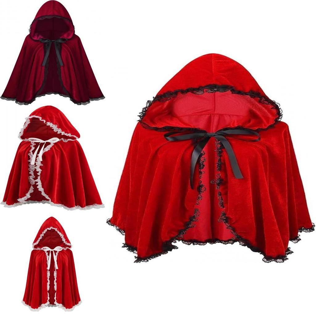 Elegante Mantello con Cappuccio in Velluto Rosso per Donna con Pizzo Arricciato e Bordi a Volant per Tutte le Stagioni
