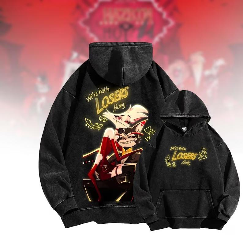 Hazbin Hotel Angel Dust Husk Anime Hoodies Men's Women's Clothing Harajuku Washed Streetwear Oversized Long Sleeve Cotton Hoodie