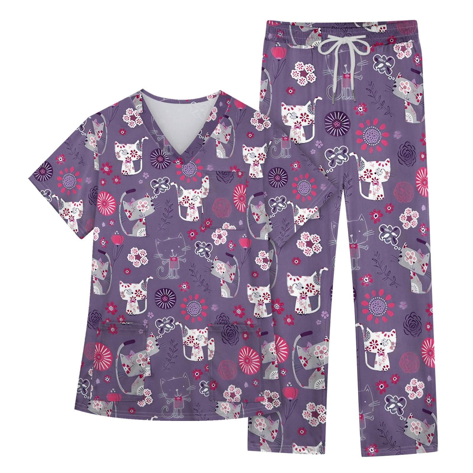 

Женский рабочий топ с короткими рукавами и v-образным вырезом с животным принтом, нагрудный карман, рабочий топ, брюки с эластичной резинкой на талии, рабочий комплект из двух предметов XXL фиолетовый