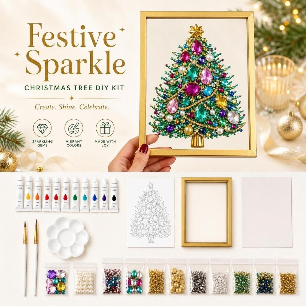 DIY Jeweled Christmas Tree Art Kit 20*15cm Exquisite Pearl Painting Art Fun with Frame Gem Painting Kit Christmas Present