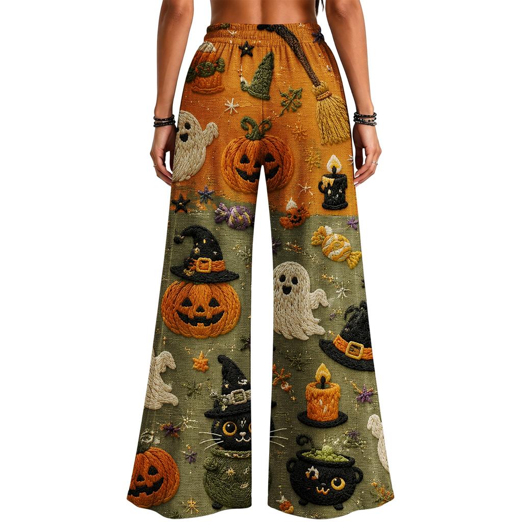 Damen Halloween Patchwork-Print Weite Hosen mit Taschen, Lockere Freizeithosen