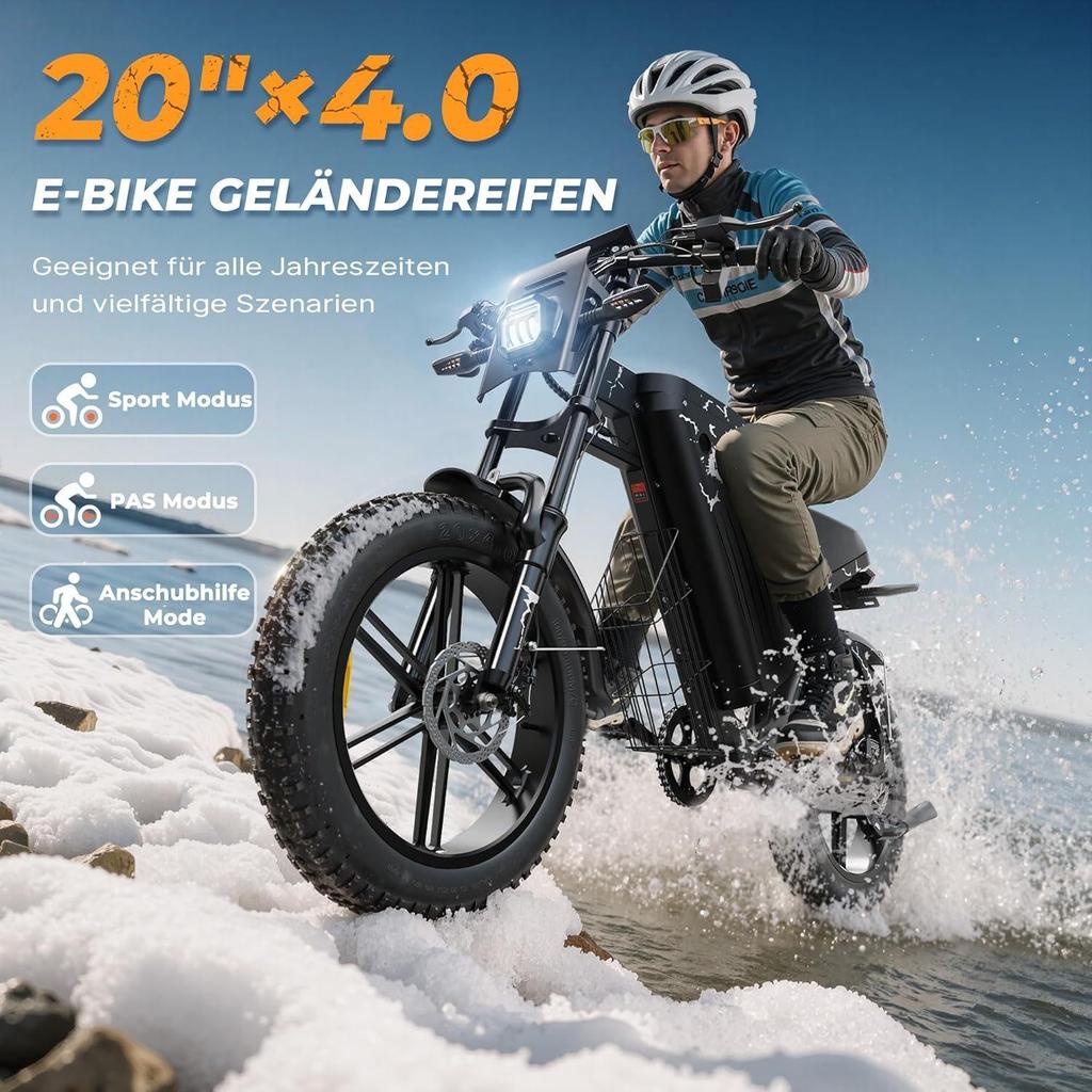 20-inch Adult Fat Bike E-bike with 48V 31.5Ah Battery, 87-mile Range, Suspension and Turn Signals