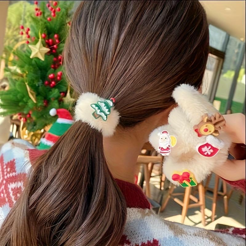 6pcs Cute Christmas Hair Ties - Plush Elk & Snowflake Design, Soft Hair Bands for Women, Festive Holiday Hair Accessories