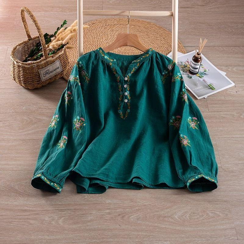 

Летняя вышитая рубашка с косым лацканом, винтажная повседневная рубашка с длинным рукавом, хлопково-льняные топы, свободная удобная футболка XXXL зелёный