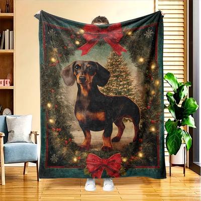 1pc Winter Christmas Tree and Dog Flannel Blanket, High-Definition Digital Print, All-Season Use, Sofa Blanket, Skin-Friendly and Soft 100% Polyester 