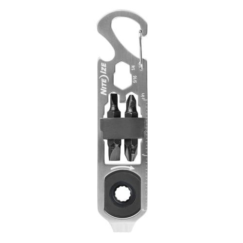 

NITEIZE Doohickey Ratchet Key Tool, Small Multi-Tool with Keychain, Bottle Opener, Screwdriver, Box Cutter, Ruler, and Carabiner, Silver