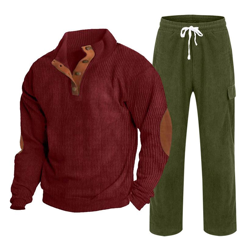 Herren Herbst/Winter Neuankömmling Sportbekleidung Zweiteiliges Set Cord Knopfleiste Henley Oberteil und Straight-Leg Hose Lässiges Ensemble
