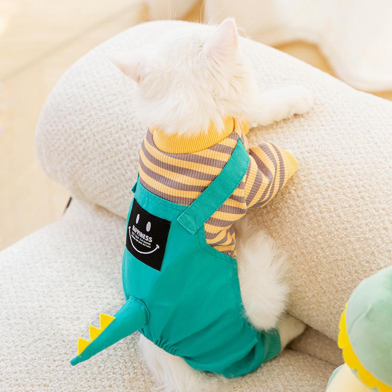 Pet autumn thin four-legged cat anti-hair loss striped dinosaur overalls puppy dog clothing cat clothes