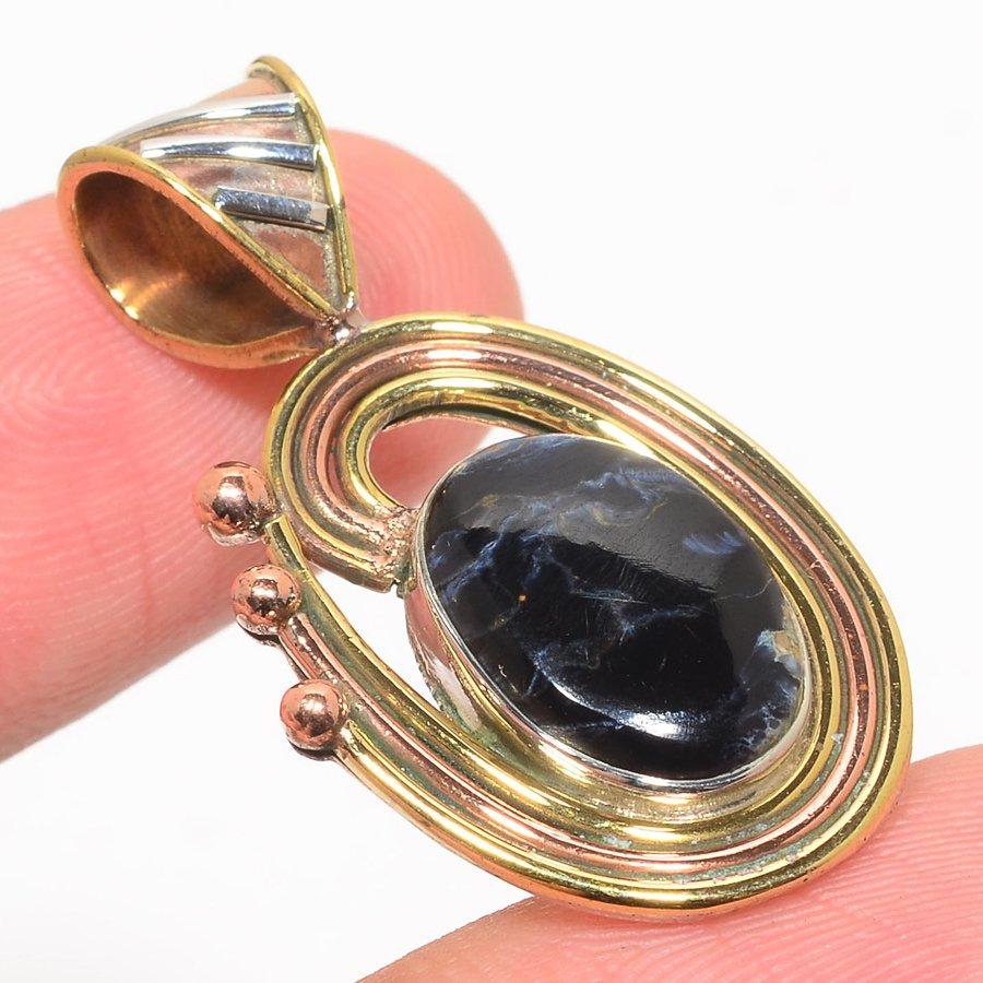 Natural Pietersite Gemstone TwoTone 925 Solid Sterling Silver Pendant 1.50" Q7j63