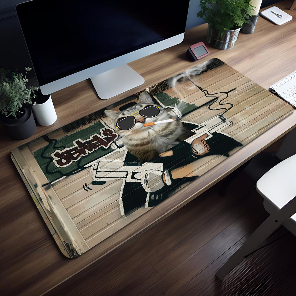 Gaming Mouse PadLarge Desk MatAntislip Rubber Base Stitched Edges Funny Cat Watermelon Art Print Extended Office Gamer Mat