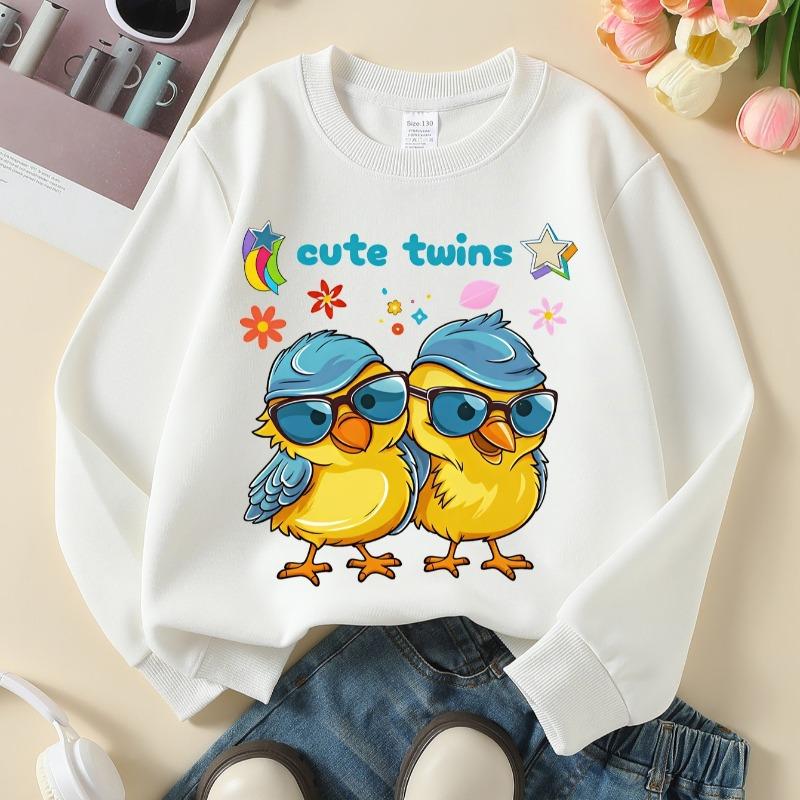 Kids Crew Neck Sweatshirt, Cute Twin Chickens with Sunglasses Print, Soft Cozy Pullover for Autumn & Winter
