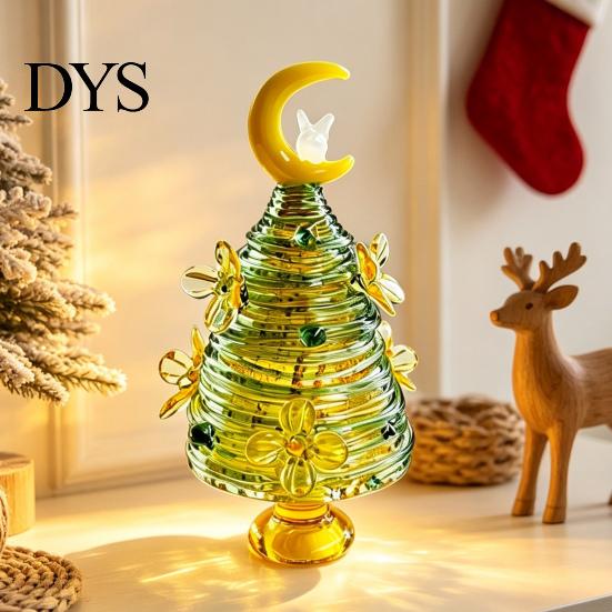 Glass Figurine for Office Glazed Christmas Tree with Star Moon Decor, Rotating Holiday Display Prop Wire Wrapped Desk Mini Tabletop Ornament,
