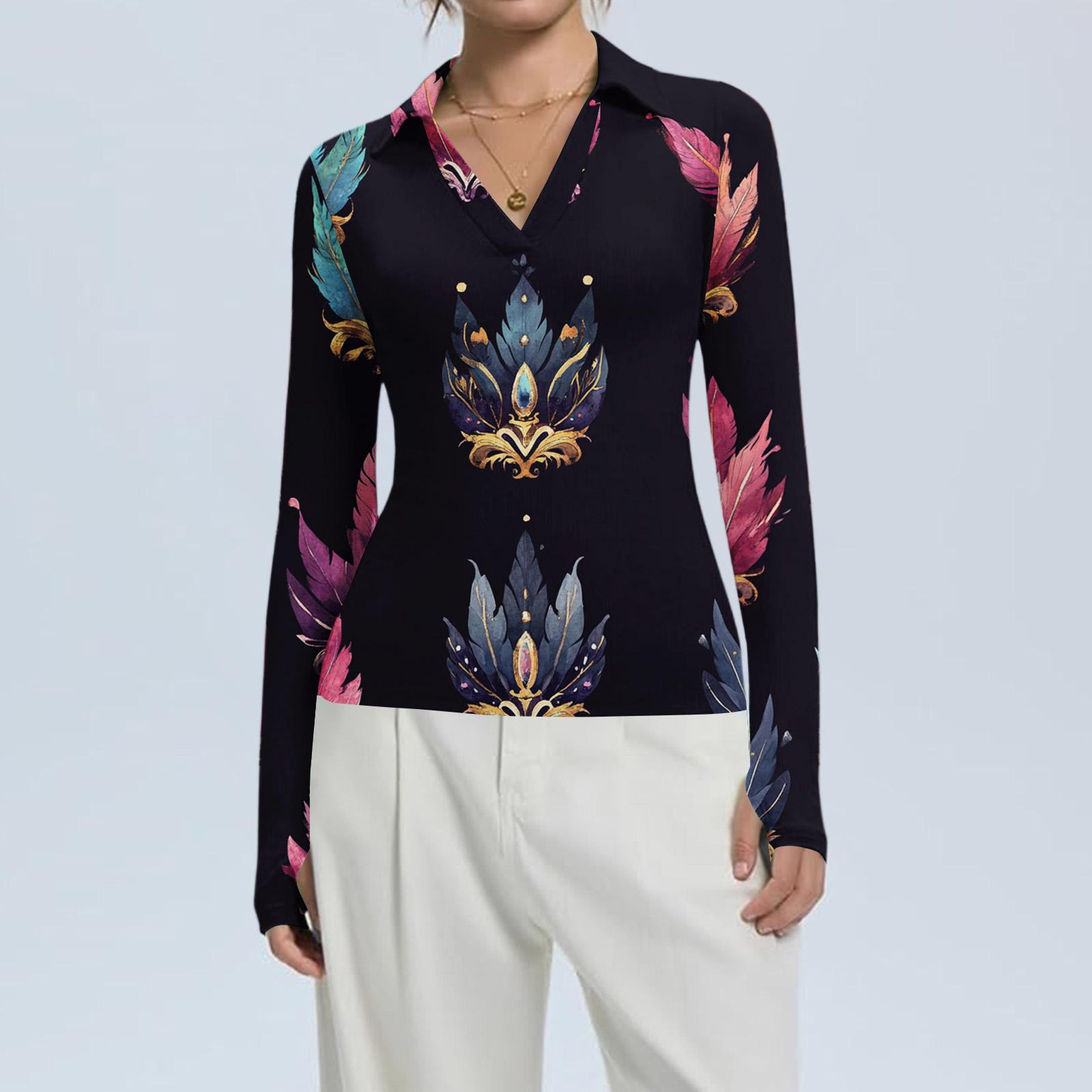 

Женская Мода Повседневный Принт V-образный Вырез Длинный Рукав Застежка на Пуговицы Топ M