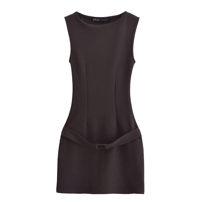 

Kaslead New Arrival Women s Clothing Fashion Style with Belt Silm Sleeveless Dress 3641314 Brown L