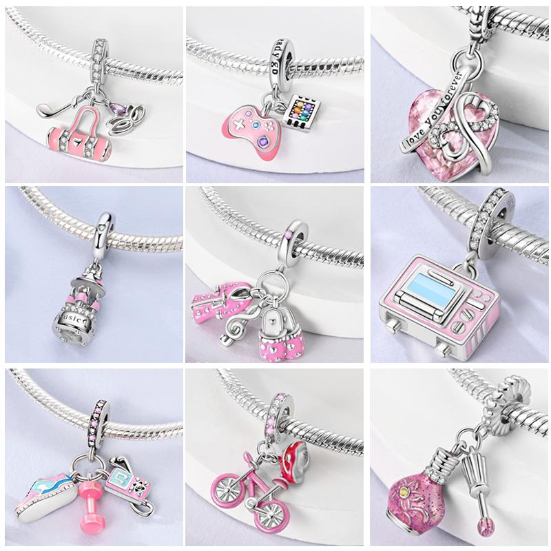 New Copper Charms Beads Pink Series Perfume Cake Princess Skirt Pendant Fit Original Bracelet Diy Jewelry Gifts
