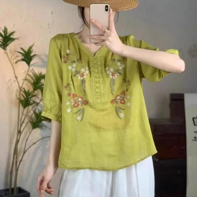 Women Embroidery Floral T-Shirts V-Neck Half Sleeve Summer Solid Color Ramie High Quality Women T-Shirts