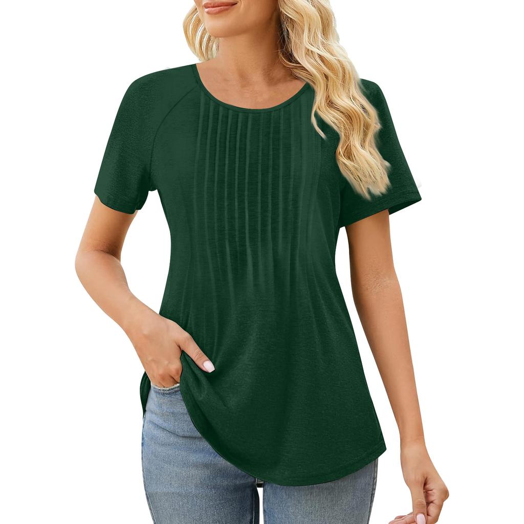 Womens T Shirts Short Sleeve Pleated  Casual Round Neck Summer Tops Blouses