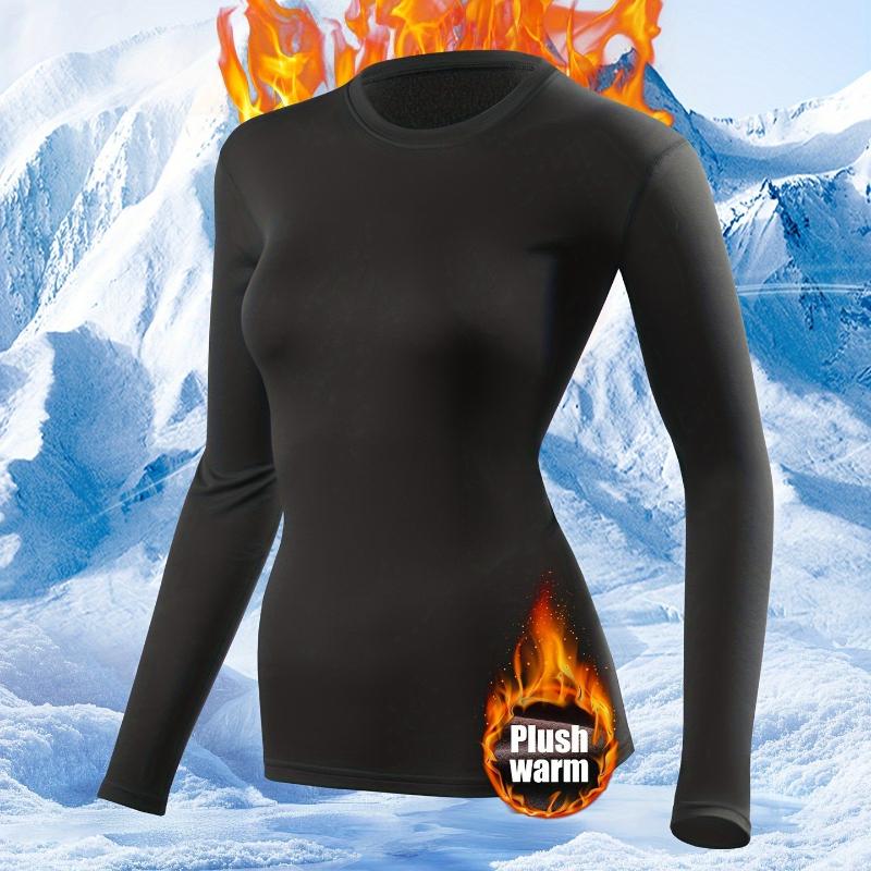 Autumn and Winte Women's Fleece-Lined Thermal Underwear Slim-Fit Base Layer Top
