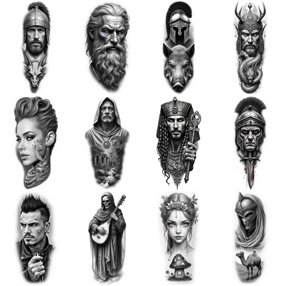 12pcs Temporary Tattoo Waterproof Long-lasting Body Stickers Battle Helmet Warrior Head Modern Man For Thighs Women Adults