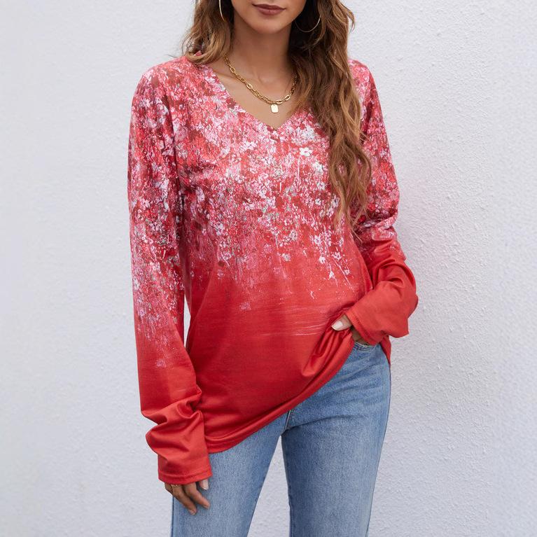 Europe, America wish Amazon independent station autumn and winter new V-neck printing long-sleeved women's T-shirt top
