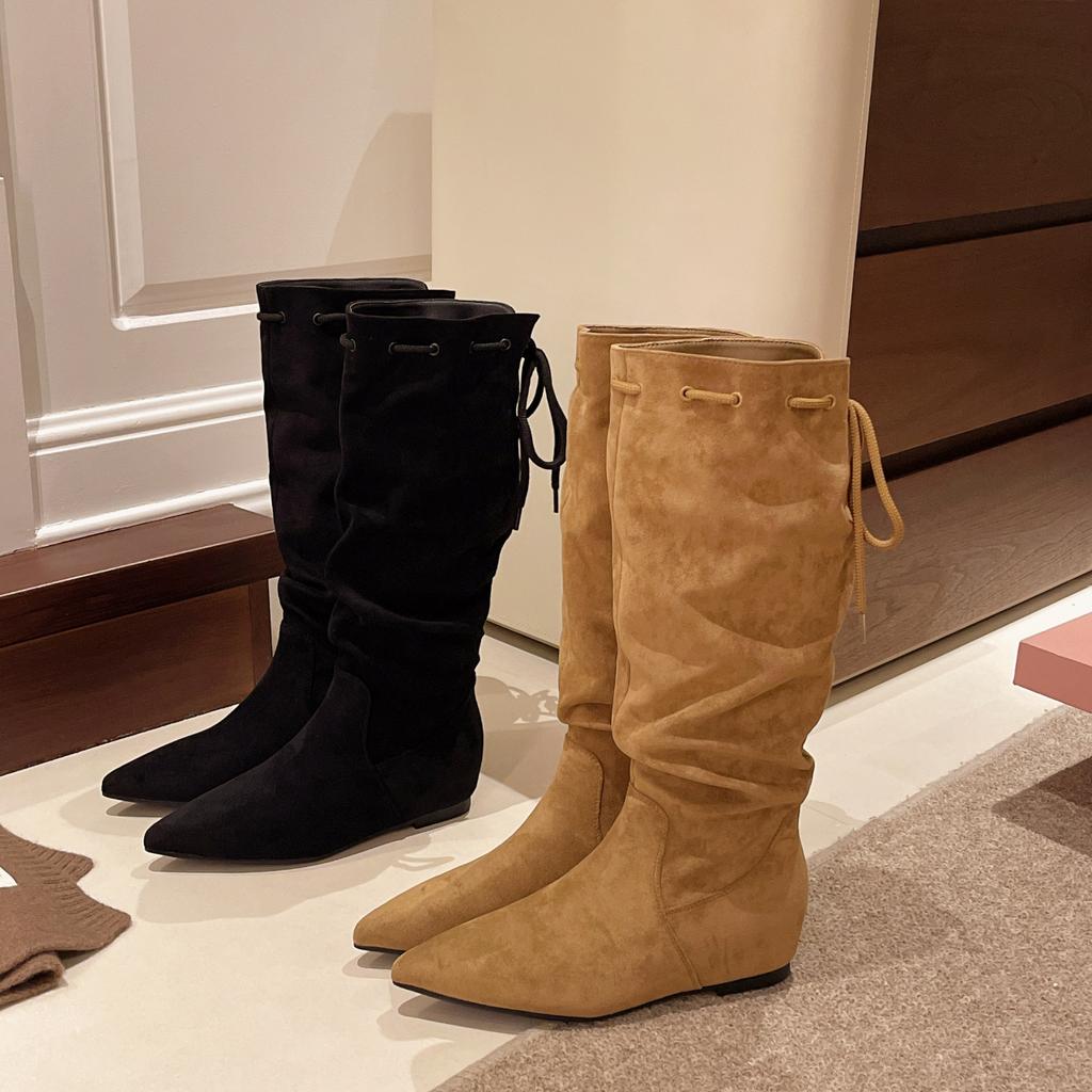 But knee tip inner height increase boots women's 2025 autumn and winter stacking boots lace-up suede versatile medium tube fashion boots