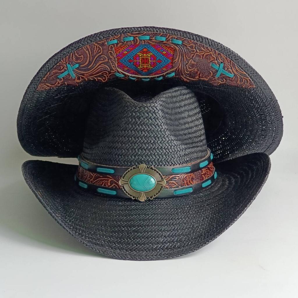 Cowboy Hat Summer Turquoise Leather Accessories Outdoor Travel Visor Hat for Men and Women Retro Gentleman Western kapelusz kow