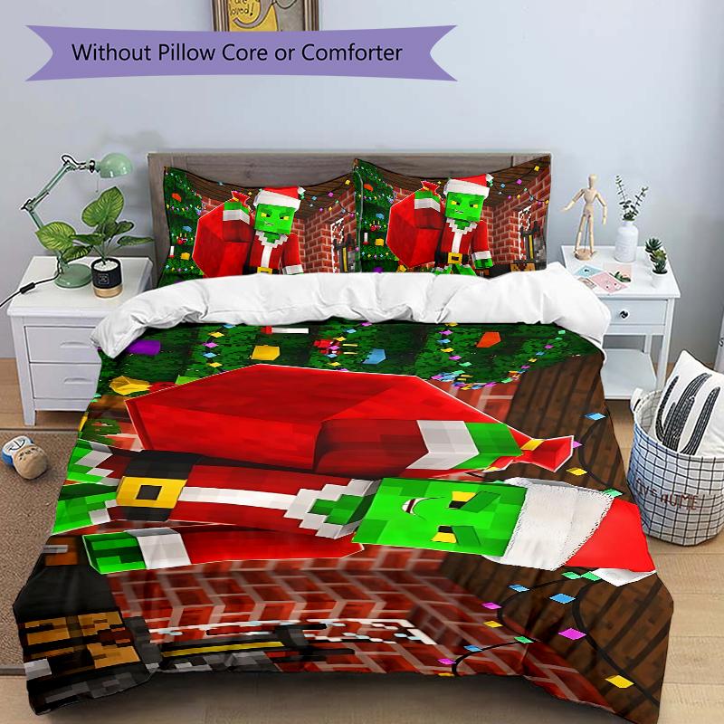 Christmas Minecraft Printed 3pcs Bedding Set Soft Microfiber 1 Duvet Cover And 2 Pillowcases Home Bedroom Decor Xmas Gift K1855