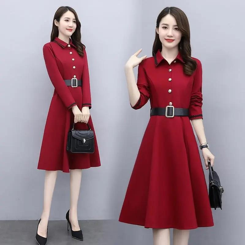 Plus Size Waist-Cinched Long Sleeve Shirt Dress for Women - Spring/Autumn 2026 Mid-Length Elegant Style