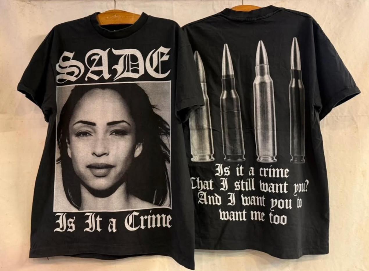 Vintage 90s Sade Is It a Crime Gun Bullets Band Tour Black XL REPRINT Unisex T-Shirt S