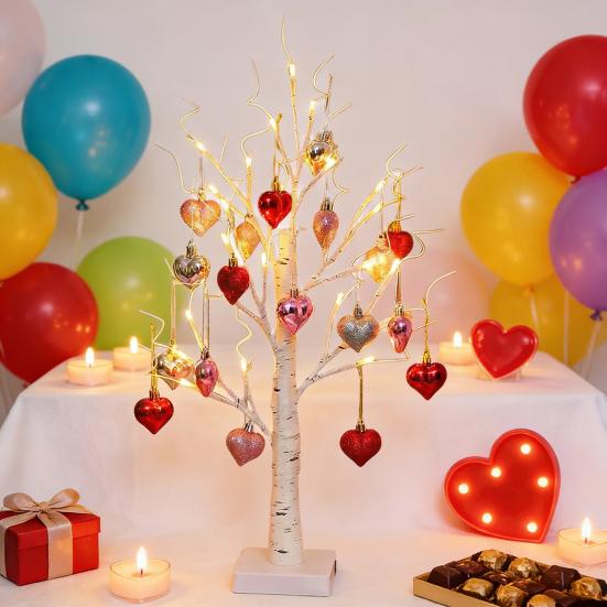 25" Valentine's Day LED Lighted Birch Tree 24 LEDs Artificial Tree Light with Heart Ornaments Romantic Tabletop Decoration for Home Indoor Table Decor