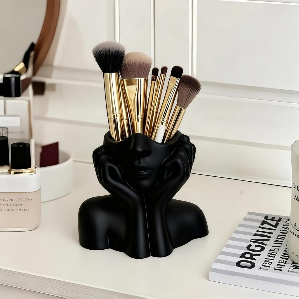1pc Facial Styling Makeup Brush Holder | Black and White PVC Makeup Storage Box Designed for Women/Ladies' Faces - Lightweight and Portable, Suitable