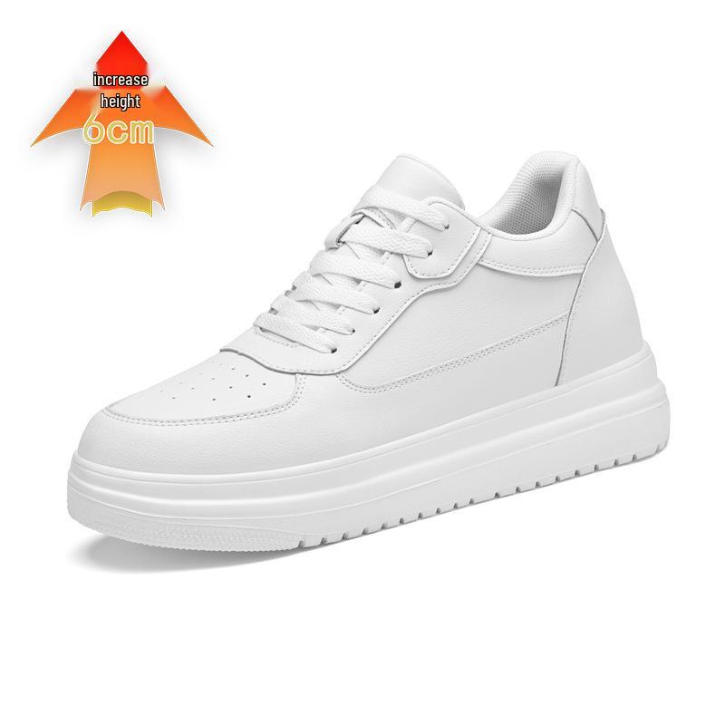 Men's Fashion Casual White Cowhide Sneakers with Invisible Height Boost (6CM and 8CM Options)
