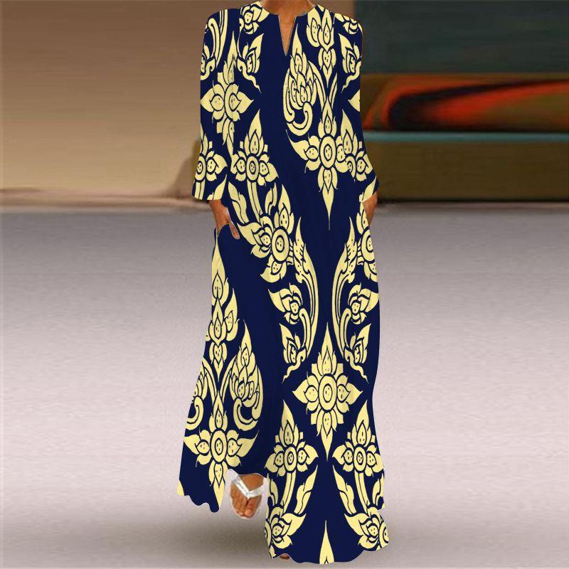 Long Sleeve Dress New Fashion Women's Clothing 3D Colorful Printing Stage Show Travel Photo Pocket V Neck Dress