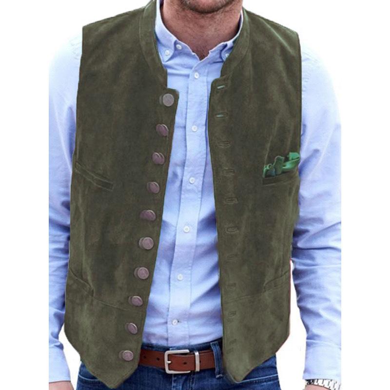 Men's Suede Vest with Multiple Pockets, Stand Collar, Casual Business Vest In Brown, Black, Wine Red, Blue, Olive Green